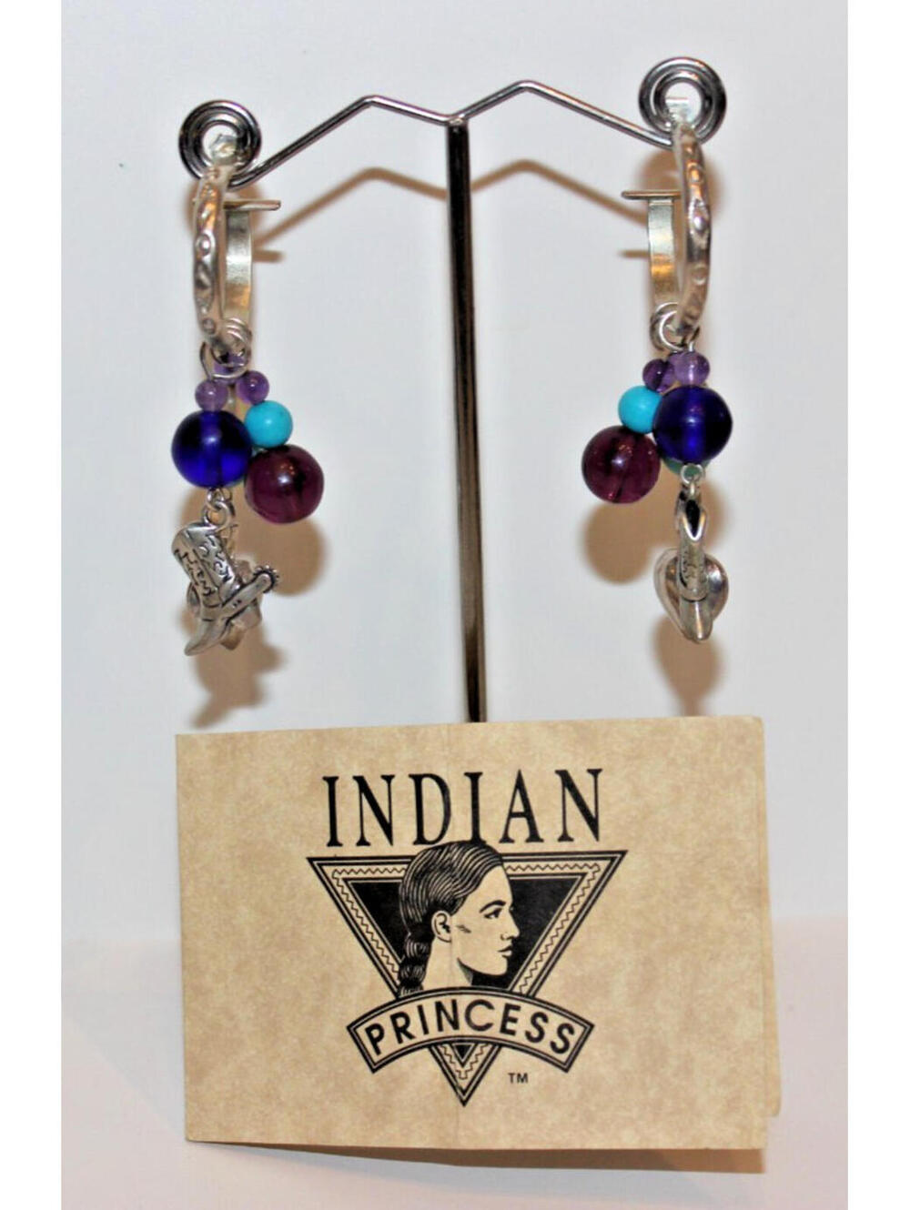 Vintage Ellen Marie Indian Princess Sterling Gemstone Cowboy Boot Earrings